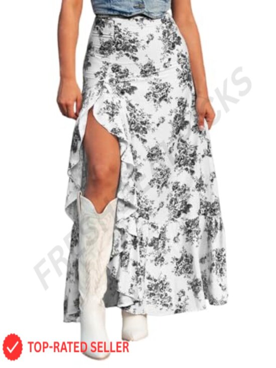 Dresses & Skirts - Women's High Waisted Wrap Maxi Skirt with Slit - Floral